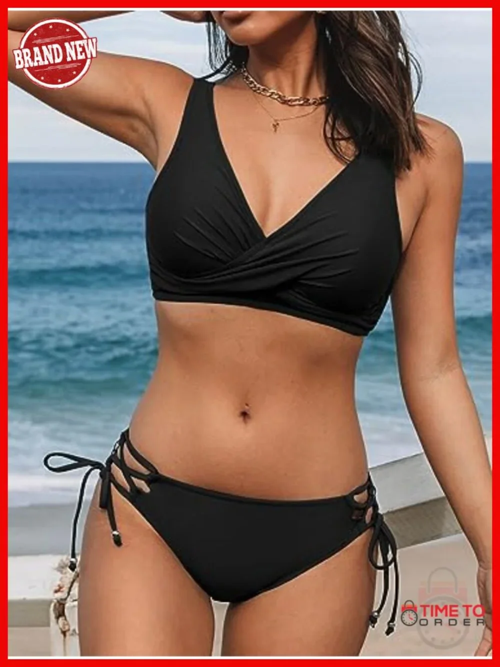 Lace Up Back Tank Top Bikini Set High Stretch Polyester Spandex Two Piece